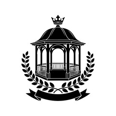 Hexagonal Garden Gazebo Pavilion Badge with Crown Laurel Wreath Vector Emblem T Shirt Printing Design