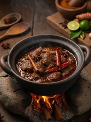 Aromatic beef rendang simmers over an open fire its rich spices creating a tempting culinary experience with authentic asian cuisine