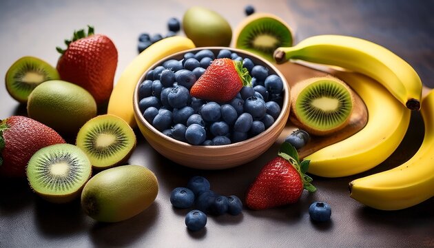 A Table Topped With A Bowl Brimming With Blueberries Kiwis Bananas And More Fruits - Powered by Adobe