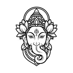 Ornate Ganesha Head with Lotus Vector Hindu Deity Line Art Spiritual Illustration T Shirt Design