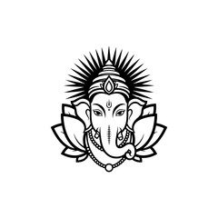 Ganesha Head with Lotus and Radiant Halo Vector Hindu Deity Line Art Spiritual T Shirt Design