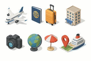 a collection of 3d icons related to travel and tourism.