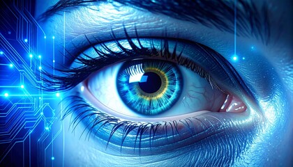 Close-up of a human blue eye with glowing futuristic iris and digital circuit reflections, symbolizing technology, artificial intelligence, and cyber security.