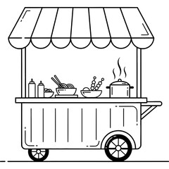 Obraz premium Vector line drawing of an Asian food cart vendor stall, illustrating street food culture with noodles and skewers