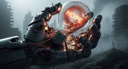 Robotic Hand Holding Light Bulb with H O P E Glowing Inside Against a Post- Apocalyptic Cityscape