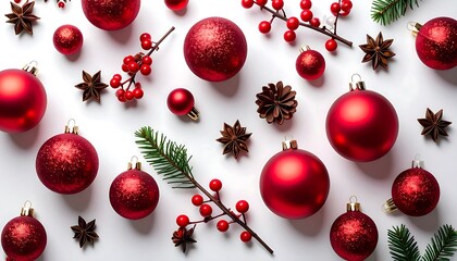 Festive Christmas Flatlay: Red Ornaments, Berries, and Star Anise