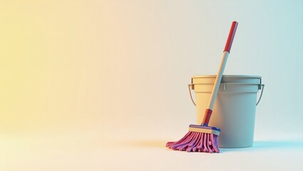 Mop and bucket in colorful lighting ideal for cleaning and household chores
