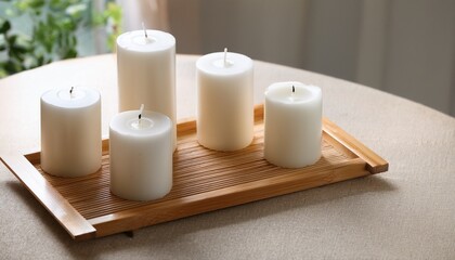 White Pillar Candles On Bamboo Tray High Resolution Picture