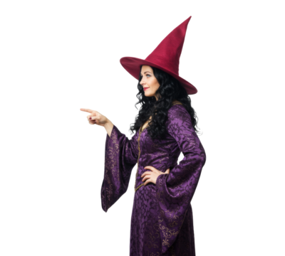 Witch in purple dress and red hat pointing side
