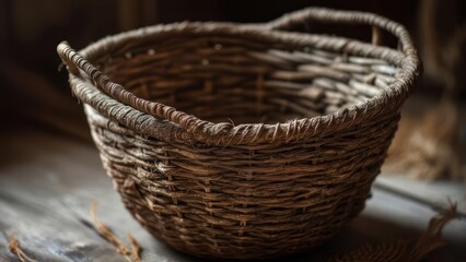 Obraz premium Rustic woven basket on aged wood surface creates warm, inviting feeling for home decor projects