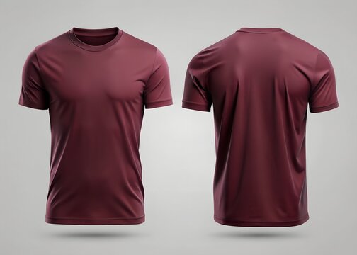 Front and back view of a maroon tshirt mockup on a gray background, showcasing its design and texture