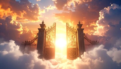Glowing heavenly gates open amidst fluffy clouds and a brilliant sunset, radiating light and hope