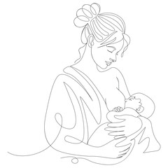 Mother breastfeeding baby continuous line art on white background nursing infant