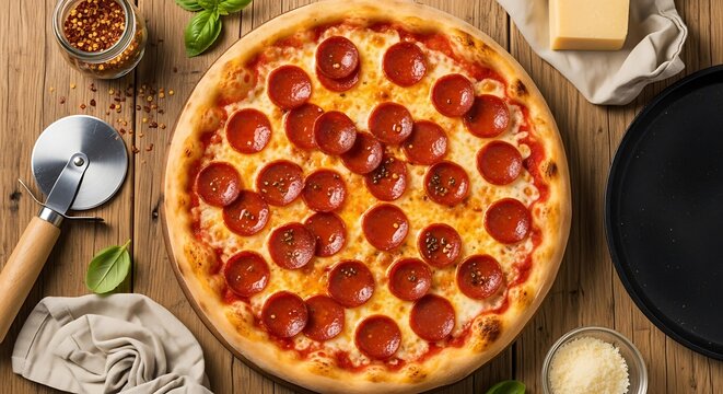 Delicious pepperoni pizza on a wooden table with ingredients.