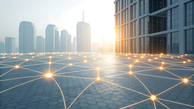 Futuristic city skyline with glowing digital network connections overlayed on the ground