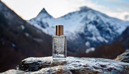 Perfume Bottle With Water Droplets On Rock In Alpine Nature With Snowy Mountains