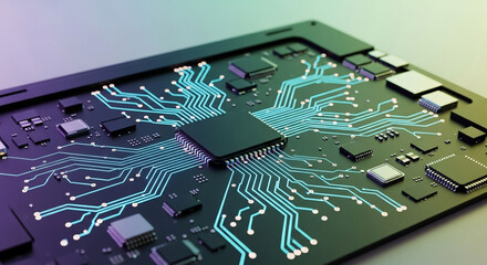 Photo of a closeup of a computer processor on a circuit board with glowing blue lines