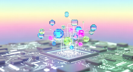 Photo of a central processor with colorful geometric shapes emanating