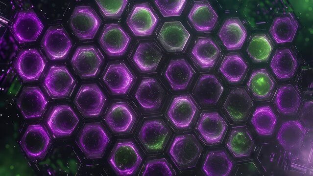 Dynamic purple and green hexagon grid with swirling energy, perfect for futuristic technology or science concepts