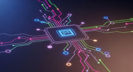 Photo of central processor chip with colorful glowing data streams