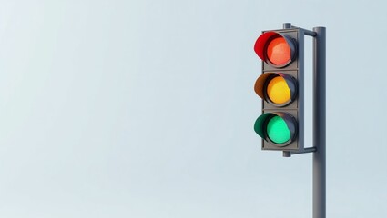 Traffic light displaying red, yellow, and green colors standing against a plain background