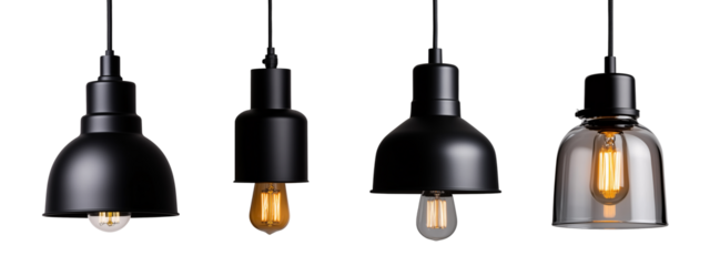 set of industrial hanging lamp with a matte black finish and exposed bulb isolated on transparent background