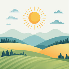 Obraz premium Sunny Day in Rolling Hills Landscape Illustration