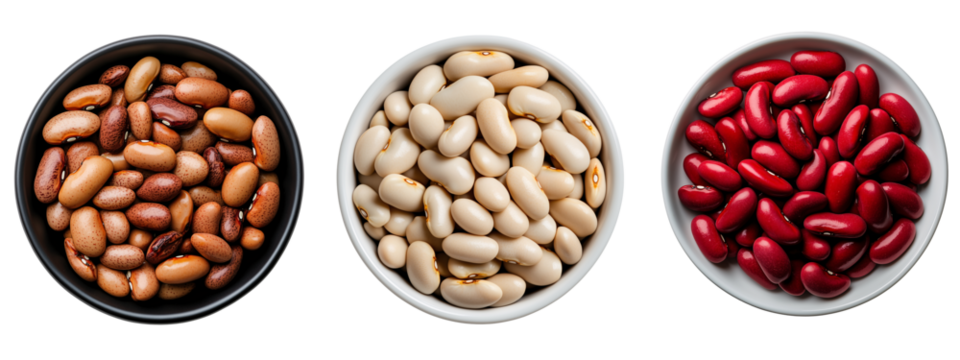 set of small pile of white, black and pinto beans in plate isolated on a transparent background	