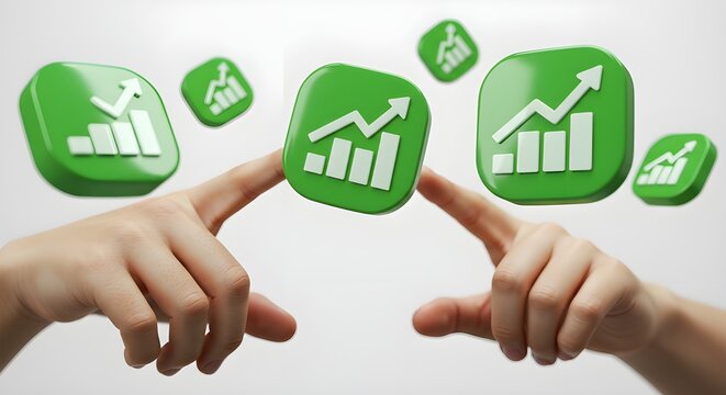 Hands pointing at green graph icons showing growth on white background