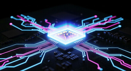 Photo of a glowing cpu chip with vibrant pink and blue circuits