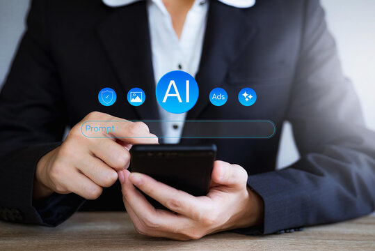 Businessman interacts with generative AI interface using prompt input to create content,Visuals, innovative ideas. Advanced technology, artificial intelligence,Creativity tools in digital work