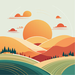 Golden Horizon A Serene Vector Landscape with Rolling Hills and a Radiant Sun