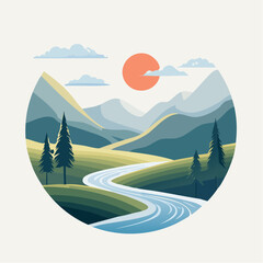 A minimalist vector illustration of a serene mountain valley landscape with a winding river, pine trees, and a sun in a circular frame