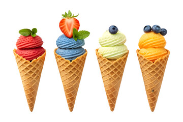 Four delicious ice cream cones with various flavors and toppings.