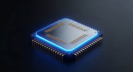 Photo of a futuristic computer processor with glowing blue edges