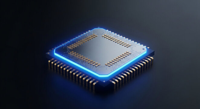 Photo of a futuristic computer processor with glowing blue edges