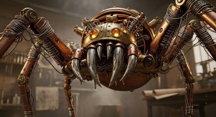 Steampunk mechanical spider with brass and copper components and glowing eyes in a workshop setting