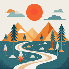 Serene Mountain Landscape Illustration with Winding Path Under a Bright Sun