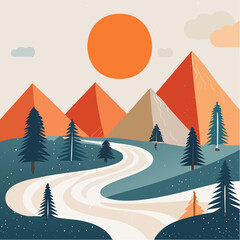 Serene Mountain Vista A Minimalist Landscape with Sun, Peaks, and Evergreen Trees