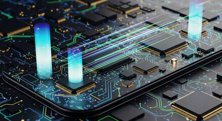 Photo of futuristic circuit board with glowing blue data streams