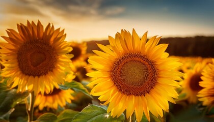Obraz premium Sunflower Harvest Tall Sunflowers In The Golden Fields Await Harvesting Their Ripe Seeds Promise A Bountiful Autumn Harvest
