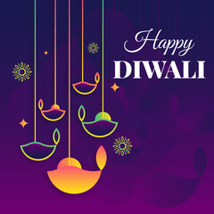 Happy diwali festival of lights with glowing decorative diya lamp and festive golden string lights on a rich red purple background, Happy diwali celebartion banner design free space for your text	