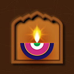 Happy Diwali Poster with Diya Lamp and Peacock Vector Illustration. Indian festival of lights Design. Suitable for Greeting Card, Banner, Flyer, Template.