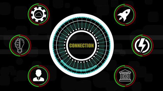 Central circular interface with the word CONECTION surrounded by six icons representing business concepts on a dark background