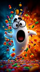 cartoon ghost surprised by flying colorful candies in an explosive scene3d rendered illustration of a human skull