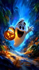 happy cartoon ghost holds a glowing pumpkin lantern while flying through a magical forest.