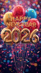 Festive 3D Balloons and Confetti Explosion for New Year 2026 Celebration