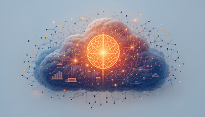 Dynamic digital brain cloud visualizing data networks, AI, and complex information flow