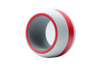 Abstract 3d render of a cylindrical object with red stripes and contrasting interior