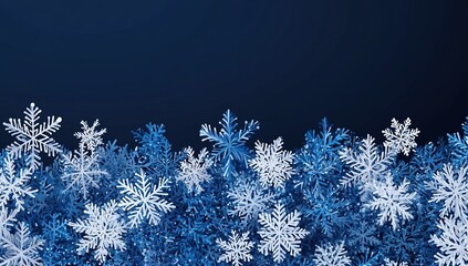 Winter snowflake seamless border with falling white and blue abstract snowflake patterns on a flat background, vector illustration, wide banner for web design or print.